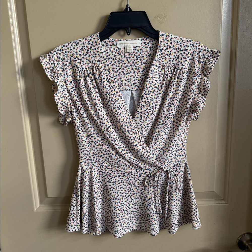 Ruffled Wrap Blouse with Flutter Sleeves